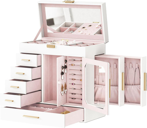 HOOBRO Jewelry Box with Mirror,  Organizer Box with Capacious Storage Space, Holder Organizer, Hand-Held Jewelry