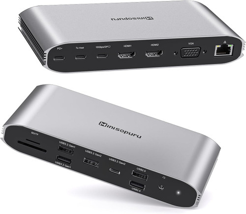 Minisopuru Docking Station 3 Monitors with USB C Video 2 HDMI VGA PD 100W 10Gbps USB Data Port 