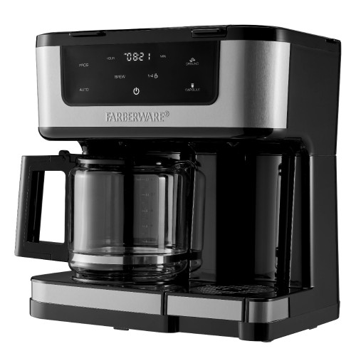 Farberware Side by Side Single Serve or 12 Cup Coffee Maker, Black with Stainless Inset