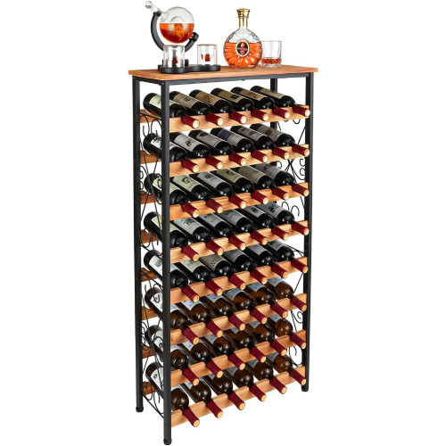 48 Bottles Floor Wine Rack with Wood Top, Freestanding Wine Bottle Organizer Shelf