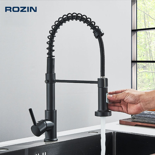 Rozin Matte Black Kitchen Faucet Deck Mounted Mixer Tap 360 Degree Rotation Stream
