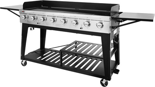 8-Burner Gas Grill 104,000 BTU Liquid Propane Grill Independently Controlled Dual Systems Outdoor Party or Backyard BBQ Black