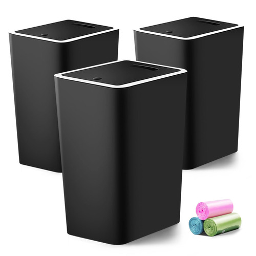 3 Pack 4 Gallons Bathroom Garbage Can with Lid Press-Top, Small Waste Basket with Trash Bags,