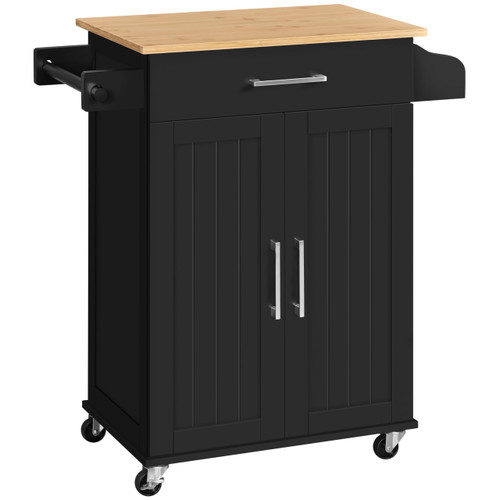 Kitchen Island on Wheels with Storage Cabinet, Rolling Kitchen Cart with Bamboo Top & Drawer & Spice Rack Towel Bar, Microwave Stand Cart for Kitchen/Dining Room, Black