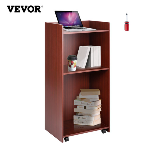 VEVOR Wood Podium 2 x 4 FT Lecterns w/ 4 Rolling Wheels Baffle Plate & Shelf Easy Assembly Walnut for Church Office School Home