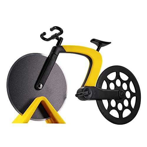 Bicycle Pizza Cutter Wheel with Holder, Robust Bicycle Shape 2.4” Stainless Steel Pizza Knife (Yellow)