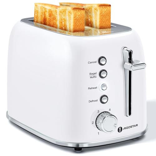 Aigostar Retro 2 Slice Toaster - Stainless Steel, Extra Wide Slots, Bagel Function, Cancel & Defrost, 6 Shade Settings, White