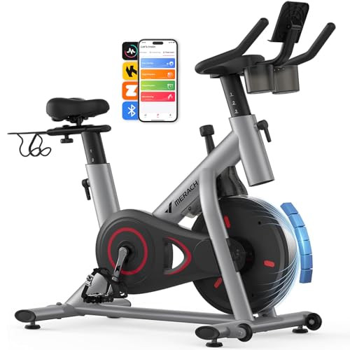 Merach Exercise Bike, Brake Pad/Magnetic Stationary Bike with Exclusive App, Low Noise Indoor Cycling Bike with 270LBS Weight Capacity, Dumbbell Rack and Fitness Courses for Weight Loss