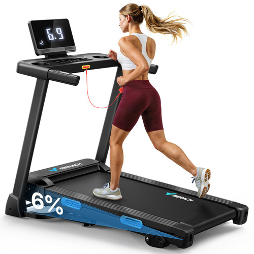 MERACH Treadmill with Incline 6%-15%, 300 LBS Capacity Foldable Running Treadmills for Home, 0.5-7.5MPH 2.5HP Brushless Double Deck Incline Foldinng Treadmill LED Display with Smart APP
