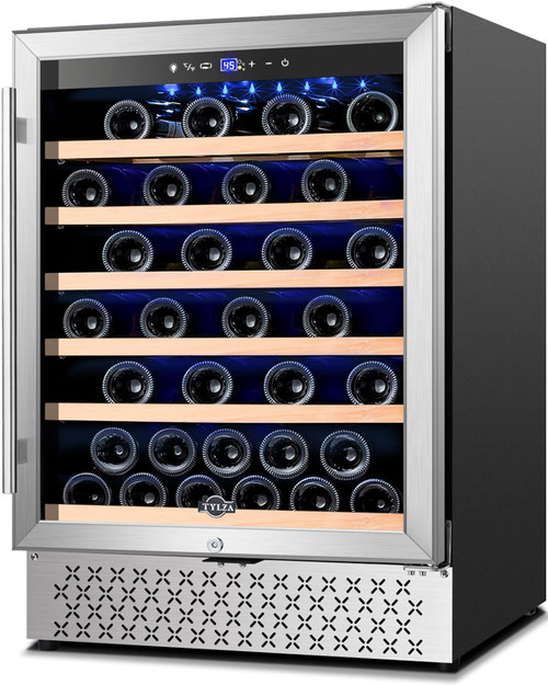 Tylza 24 Inch Wine Fridge, 54 Bottles Wine Refrigerator, Under Counter or Freestanding, 40-65°F, Lock, Double Layer Tempered Glass Door, Wine Cooler Refrigerator with Adjustable Wooden Shelves