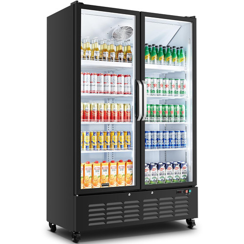 BODEGACOOLER Commercial Merchandiser Refrigerator, 36.8 Cu.Ft Upright Display Beverage Cooler, 2 Glass Door Display Refrigerator with Soft LED Light, Adjustable Shelves, 4 Strong Castors(Black)