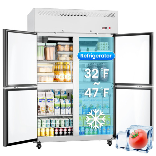 Ferueo Commercial Refrigerator 48" W 4 Door Stainless Steel Reach-in Solid Door Upright Fridge Fan Cooling 36 Cu.ft Refrigerators 32-47°F for Restaurant, Bar, Shop