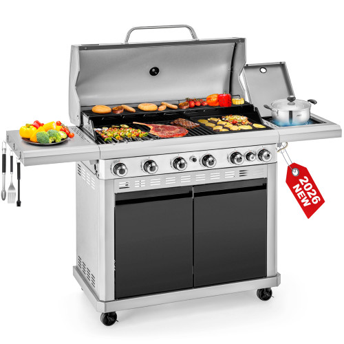 2 in 1 Propane Griddle Grill Combo, 6-Burner Propane Gas BBQ Grill with Porcelain-Enameled Cast Iron Grates & Plate, 42,000 BTU Combo Grill with Side Stove for Outdoor Cooking Camping Patio Backyard