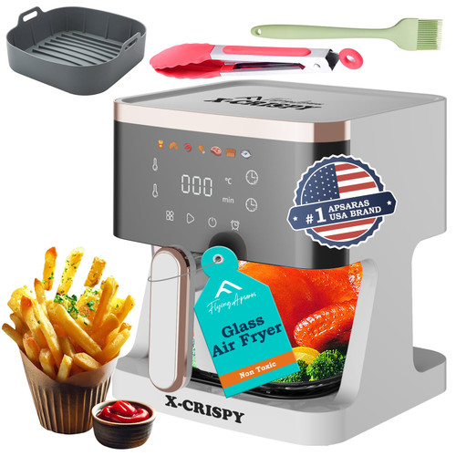 APSARAS USA Air Fryer Glass, 5.2QT Convection Oven Glass Air Fryer Non Toxic, Transparent Fry Bowl | Cook Shrimp, Steak, Fries, Wings, Chicken & More | Precise Temperature Control & Time