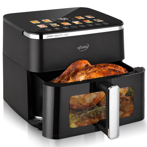 KINSING 10.6 QT Oilless XL Large Air Fryer, 9 Presets & Keep Warm, Stainless Steel Inner Cavity, 400℉ Precise Temp Control, Shake Reminder, Square Non-Stick&Dishwasher Safe Basket,With Visible Window