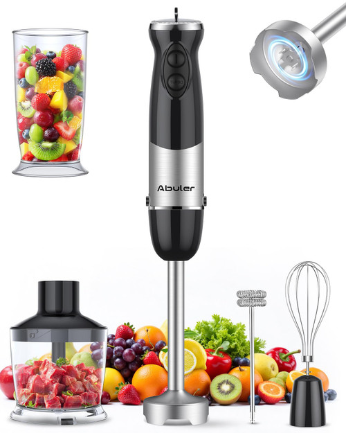 Immersion Blender Handheld 1000W 5 in 1 Corded Stick Hand Blender Kitchen with 12 Speed, BPA-Free, Mixing Beaker, Chopper, Whisk, Milk Frother, Perfect Emulsifier for Soup, Baby Food, Sauce, Puree