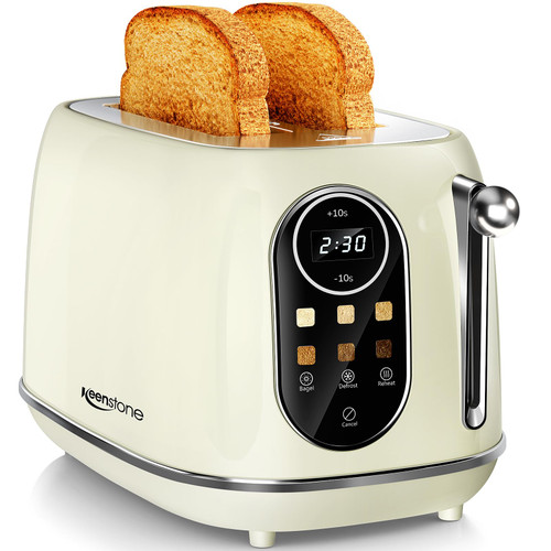 Keenstone Smart Touch Screen Toaster 2 Slice, Retro Wide Slot Stainless Steel Toaster with 6 Browning Levels, Reheat & Defrost, for Bagel, Toast, Bread, Removable Crumb Tray, Beige