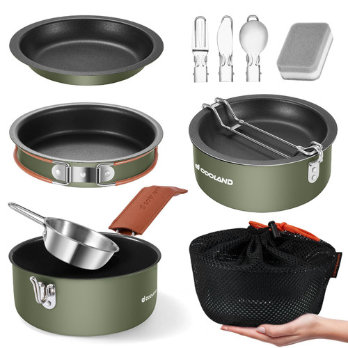Odoland 10pcs Camping Cookware Non-Stick Camping Pot and Pan Set with Plate Bowl Fork Knife Spoon for Backpacking, Hiking, Outdoor Cooking and Picnic