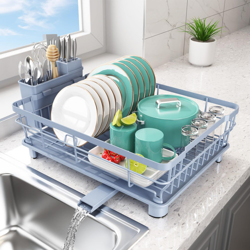 Ricobes Dish Drying Rack - Space Saving Dish Rack - Dish Racks for Kitchen Counter with Drainboard,Rustproof Dish Drainer with Removable Utensil Holder,Blue