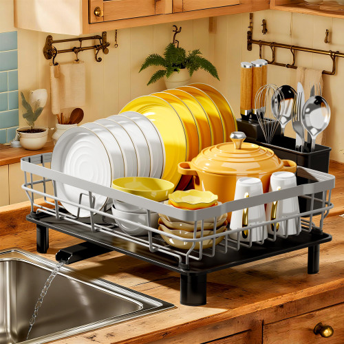 MOUKABAL Dish Drying Rack, Dish Rack, Stainless Steel Dish Racks for Kitchen Counter, Dish Drainer with Removable Utensil Holder, Drainboard (Grey,13''W x 17''L)