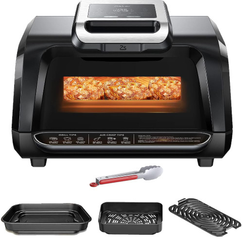 OMTech Electric Indoor Grill, 7-in-1 Air Fryer Combo, Non-Stick Removable Plates, 4Qt, 450F Max Temp, 1750W, Black, Modern Style, PFOA & PFAS Free