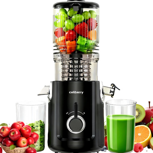 celiberry Cold Press Juicer Machines, 5.3” Large Feed Chute Slow Masticating Juicer for Whole Fruits & Vegetables, Easy Clean, 300W Quiet Juice Extractor, 99% High Juice Yield, Black