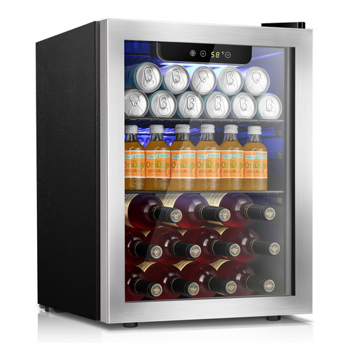 Kismile 68 Can Beverage Refrigerator,1.7 Cu.Ft Mini Fridge with Seamless Stainless Steel Glass Door,16 Bottle Wine Cooler Digital Temperature Display for Bar/Home/Office 40-61℉,Silver