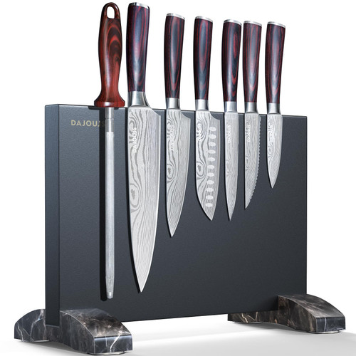 Black Knife Set With Block - 8 Pieces High Carbon Stainless Steel Magnetic Knife Set with Sharpener, Ultra Sharp Kitchen Knives Sets for Cooking with Ergonomic Handle
