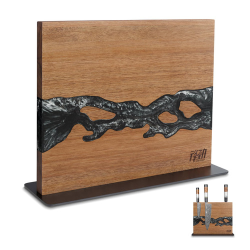 FINDKING Magnetic Knife Block, Double-Sided Knife Holder with Strong Magnets, Acacia Wood and Black White Resin, Countertop Kitchen Knife Storage Stand (12 × 10 Inches, Without Knives)