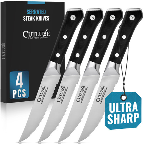 Cutluxe Steak Knives Set of 4, Serrated Steak Knives – Forged High Carbon German Steel, Full Tang, Ergonomic Handle Design – Artisan Series