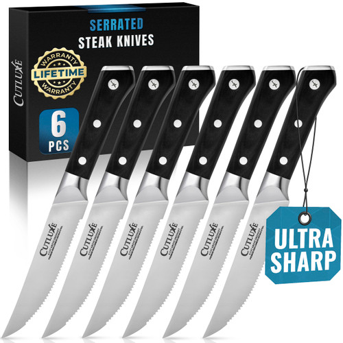 Cutluxe Steak Knives Set of 6, Serrated Steak Knives – Forged High Carbon German Steel, Full Tang, Ergonomic Handle Design – Artisan Series