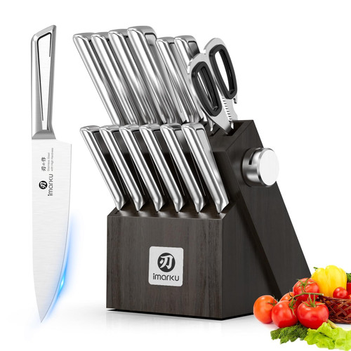 imarku Kitchen Knife Set with Block and Built-in Sharpener, Japanese Stainless Steel 14-Piece Knife Set with Utility Knife, Dishwasher Safe, Non-Slip Ergonomic Handles, Essential Gift for Home Cooks