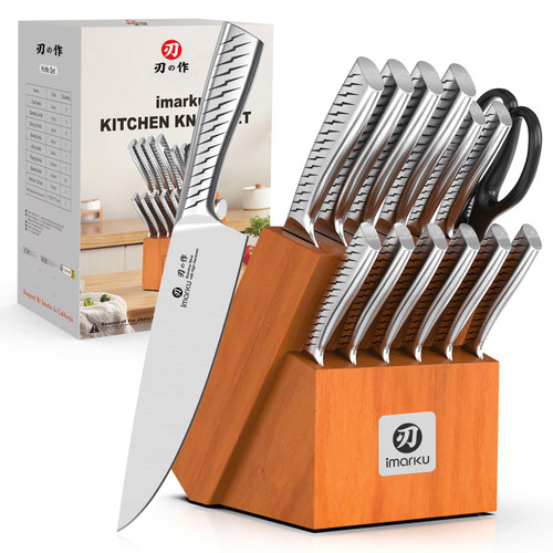 imarku 14-Piece Knife Set with Block, High Carbon Stainless Steel Kitchen Knives with Built-in Sharpener, Dishwasher Safe, Ergonomic Non-Slip Handle, Perfect for Home Cooks & Chefs, Brown