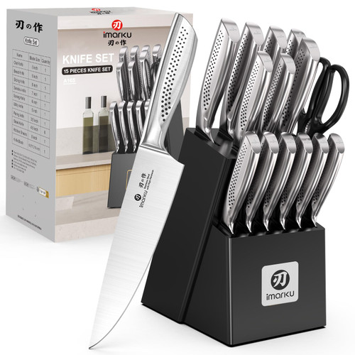 imarku 15-Piece Knife Set with Block, High Carbon Stainless Steel Kitchen Knives with Built-in Sharpener, Dishwasher Safe, Ergonomic Non-Slip Handle, Perfect for Home Cooks & Chefs, Black