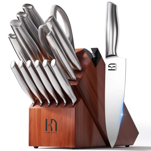 KnifeSaga Knife Set Premium, Japanese High Carbon Stainless Steel 14 Pcs Kitchen Knives Block Set with Built-in Sharpener and Wood Block, Razor Sharp Knife Sets for Kitchen with Ergonomic Handle