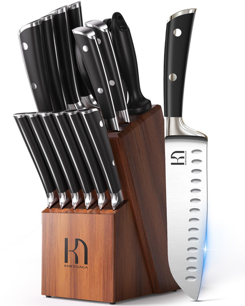 KnifeSaga Knife Set, 15 Pcs Kitchen Knife Block Sets with Sharpener, Japanese High Carbon Stainless Steel Set of Knives, Premium Razor Sharp Black Knives Set with Block for Kitchen, Ergonomic Handle