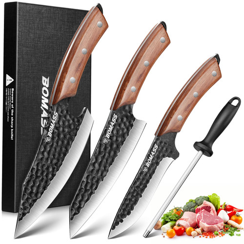 BOMASS Kitchen Knives, Hand Forged Japanese Knife Set 3Pcs, High Carbon Butcher Knife & Santoku Knife & Boning Knife & Honing Rod for Home Kitchen, BBQ, Outdoor Cooking