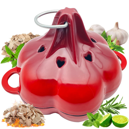 BOLVOUD Enameled Cast Iron Smoker Roaster & Garlic Roaster Baker, Multi-Functional Box for Gas/Pellet/Charcoal Grills, Oven & Wood Stove, Enameled Dutch Oven Style Cookware, Enamelled Cooking Pot