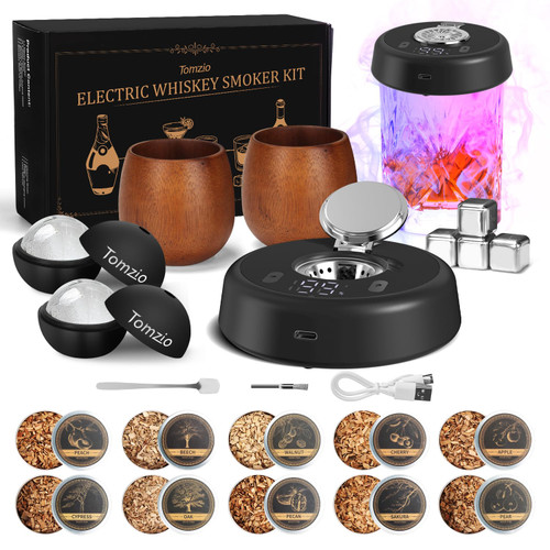 Electric Whiskey Smoker Kit with 7 Light Modes,Rechargeable Cocktail Smoker with 2 Wooden Bourbon Glasses,10 Natural Wood Chips,Food-Grade Stainless Steel Ice Cubes & Mold,Gift for Men, Dad, Husband