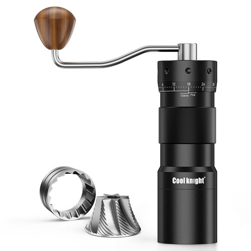 COOL KNIGHT Manual Coffee Grinder, 7-Edge SUS420 Stainless Steel Conical Burr, 72-Click External Adjustment, 25g Capacity, Aluminum Body, Walnut Handle, Magnetic Catch Cup for Espresso & Pour Over