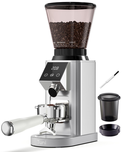 Tuni G1 Conical Burr Coffee Grinder, 48 Grind Settings Anti-static Burr Mill, Precision Electronic Timer and LED Touchscreen for Espresso/Drip/Cold Brew/French Press, Stainless Steel, Silver