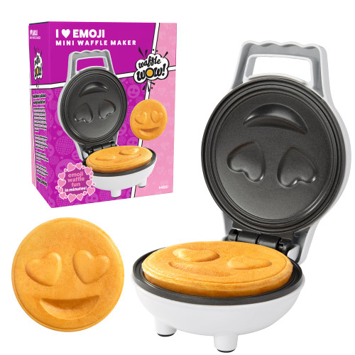Heart Eyes Emoji Mini Waffle Maker- Breakfast Fun w Cute Personal-Sized 4" Smiley Face Pancakes- Electric NonStick Baker Iron w Recipes- Loving Treat Gift, Kids Easy Fun Bake, Compact Dorm Essential