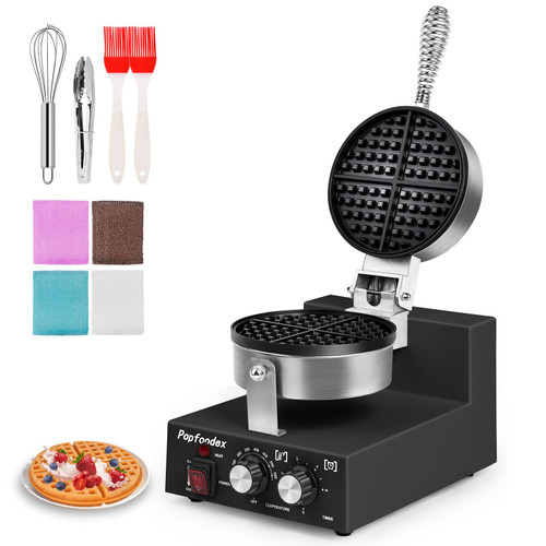 Popfoodex Commercial Waffle Maker for Restaurant, 110V Electric Waffle Maker w/Non-stick and 122–572°F Adjustable Temp, 1200W Profession Waffle Iron with Timer and Heavy Duty, Hotel Waffle Machine