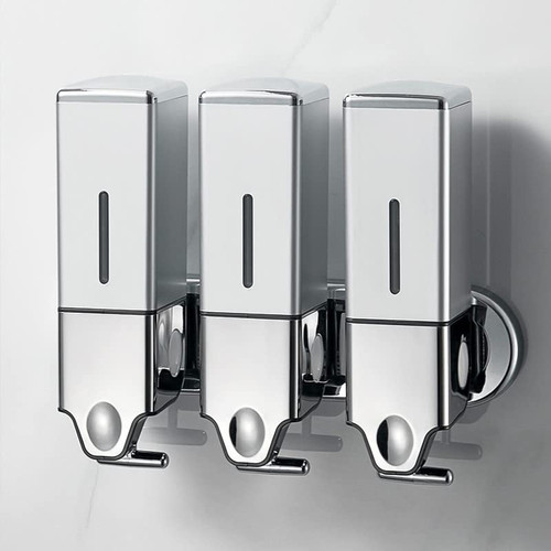 No-Drill 3 Pack 500ml Wall Mounted Soap Dispenser for Bathroom and Kitchen, Shampoo and Conditioner Dispenser Drill Free with Adhesive(Square-Silve)