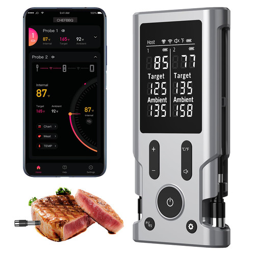 Wireless Meat Thermometer with Smart Alerts & 800Ft Bluetooth Range - 2 Probes Grill Thermometer with Standalone Base, NIST Certified ±0.5°F Accuracy, LCD Backlit Screen for Oven, BBQ, Smoker, Kitchen