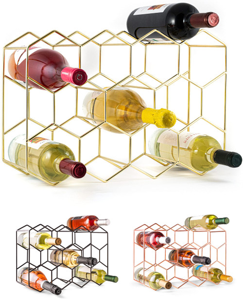 Gusto Nostro Countertop Wine Rack - 14 Bottle Freestanding Modern Gold Metal Small Wine Rack - 3 Tier Tabletop Wine Holder Stand for Cabinet, Pantry, Wine Bottle Storage - No Assembly Required