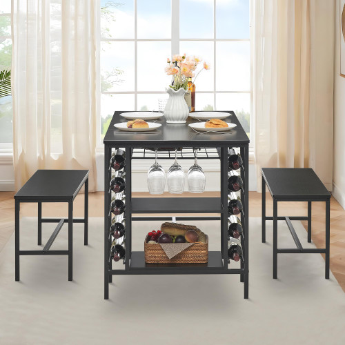 GarveeHome 3-Pieces Dining Table Set for 2-4 People, Small Kitchen Dinner Table with 2 Bench, Dining Room Tables Set with Storage Drawer & Shelf, Wine Rack & Glass Holder (Black)