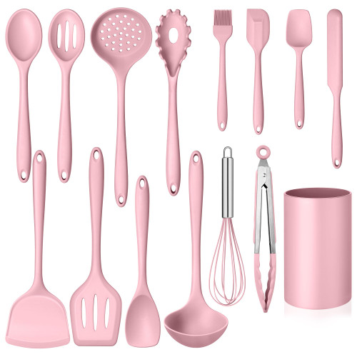 Homikit 15-Piece Kitchen Utensil Set, Silicone Cooking Utensils Spatula Set with Holder for Nonstick Cookware, Heat Resistant Kitchen Tools Gadgets for Cooking and Baking-Pink
