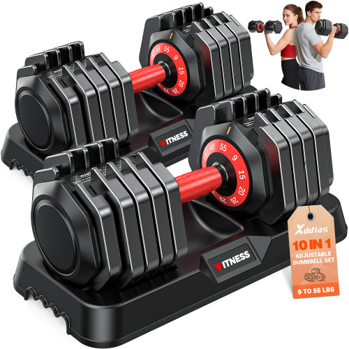 XDDIAS Adjustable Dumbbell Set of 2, 25/55/80LB Dumbbell Set-Fast Adjust Weights Set, 5/10/16 in 1 Free Weights Dumbbells Set with Anti-Slip Metal Handle, Compact Size for Men/Women Home Gym Equipment (10-Gears-55LB)