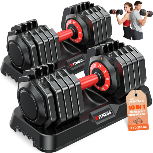 XDDIAS Adjustable Dumbbell Set of 2, 25/55/80LB Dumbbell Set-Fast Adjust Weights Set, 5/10/16 in 1 Free Weights Dumbbells Set with Anti-Slip Metal Handle, Compact Size for Men/Women Home Gym Equipment (25LB-Pair-10Gears-RED)
